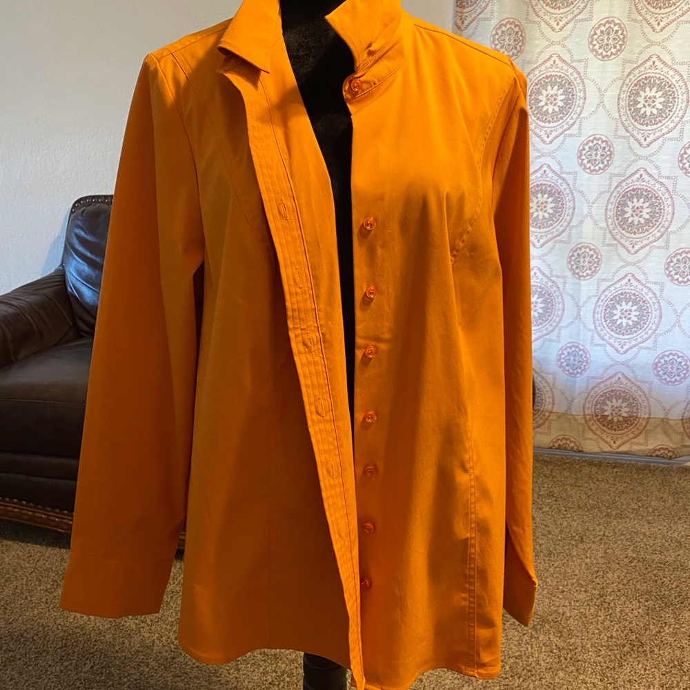 Button down women’s top mustard orange in color